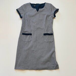 Talbots Vintage Dress Herringbone Houndstooth Fringe Tweed Knit Navy Blue White